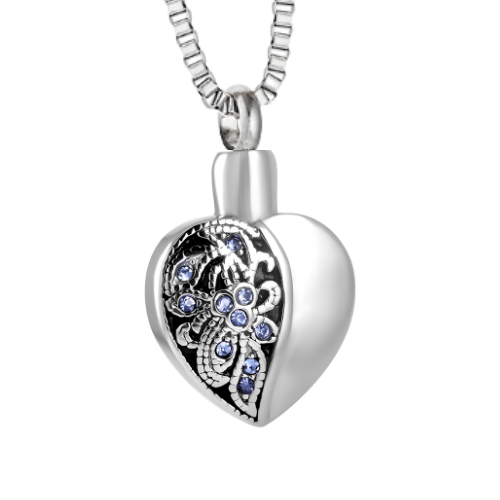 Crystal Blue Flower Heart Cremation Urn Pendant
